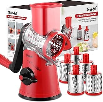 - Geedel Rotary Cheese Grater Cheese Shredder - Upgraded 5-in-1 Cheese Grater with Handle and Strong Suction Base, Multi-purpose Vegetable Slicer Ice Shaver Nuts Grinder for Ice, Vegetables, Fruit, Nuts