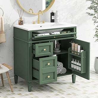 Linique 30" Bathroom Vanity with Sink Combo Set, Solid Wood Frame Modern Bathroom Storage Cabinet with 2 Drawers and a Tip-Out Drawer, Soft Closing Cabinet Door with Organizer, Green