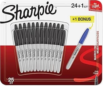 Permanent Markers | Fine Point | 24 Black + 1 Blue Marker Pen | 25 Count Marker Set