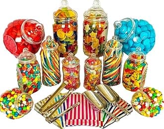 JUMBO 12 Assorted Jars 2 Scoops, 2 Tongs, 100 Bags - Vintage Victorian Pick & Mix Sweet Shop Candy Buffet Kit Party Pack (BLUE)