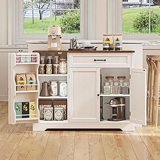 Gizoon Kitchen Coffee Bar Cabinet with Storage Kitchen Sideboard Buffet Cabinet with Drawers, Short Pantry with Door and Shelves for Bathroom and Living Room, White and Rustic