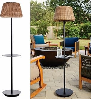 B&R Solar Outdoor Floor Lamp - Cordless, Patio, Porch, Garden - Rattan Wicker, Waterproof, Rechargeable, Weatherproof
