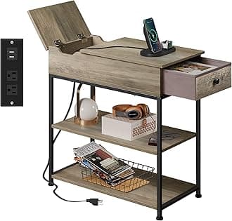 WLIVE Narrow Side Table with 2 USB Ports and 2 Outlets, Flip Top End Table with Drawer and Storage Shelves, End Stand with Charging Station for Living Room, Bedroom, Small Spaces, Greige
