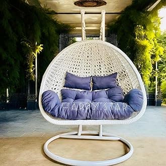 Happy Star Outdoor Furniture Double Seater Swing with Dual Front Pipe and with Dual Waving, Beautiful Swing with Stand (White Swing with Grey Cushion) (White/Grey)