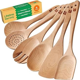 Riveira Cherry Wooden Spoons for Cooking Set of 6 – Natural Cherry Wood Cooking Utensils, Wooden Spatula, Wooden Spoon - Premium Quality Wooden Utensil Set for Non-Toxic Cooking