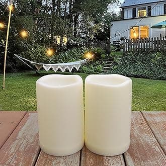 4'x6' Flameless Battery Operated LED Candles with Timer - 2 Pack Outdoor Waterproof Flickering Electric Fake Pillar Tall Candles for Wedding Party, Halloween, Christmas - Cream White