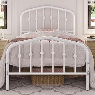 Yaheetech 3ft Single Bed Frames Slatted Metal Bed with Crown-inspired Design Headboard/Spacious Under-bed Storage White