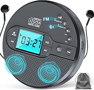 2000mAh Rechargeable Discman CD Player with Bluetooth FM Transmitter,Headphones,LCD Screen,AUX,Built-in Speaker,USB-Portable Personal CD Player Anti-Skip Protection for Car (Grey)