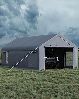 13x25 Ft Carport with 10 Sandbags, Car Port with 220g PE Tarp, 2 Roll-Up Doors, and 4 Windows, for Full-Size Pickups, Bass Boats, Tractors, and SUVs, Gray