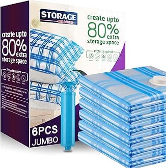 Storage Master Space Saver Bags for Travel and Home Reusable Vacuum Storage Bags Save 80% More Storage Space with Travel Hand Pump (6-Jumbo)