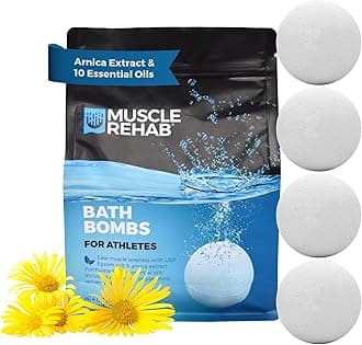Muscle Rehab Epsom Salt Bath Bombs with Arnica (4 Pack) | Magnesium Recovery Soak for Sore Muscles, Post-Workout Relief & Relaxation | Eucalyptus, Turmeric & Clary Sage Essential Oils