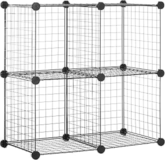 Amazon Basics 4 Cube Wire Grid Storage Organizer, Closet Organizer and Shelves, Stackable, Space-Saving, Easy to Assemble, 14"x14"x14", Black