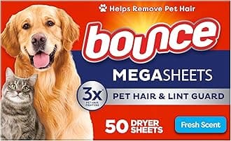 Bounce Pet Hair and Lint Guard Mega Dryer Sheets with 3X Pet Hair Fighters, Fresh Scent, 50 Count