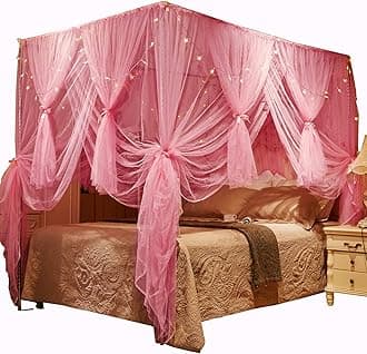 Canopy Bed Curtains,Bed Canopy Curtains 4 Corner Bed Drapes Sheer Curtains for Bedroom Decor (Pink,King)