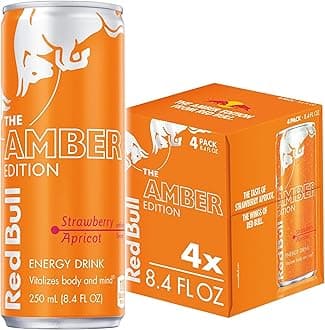 Red Bull Amber Edition Energy Drink, Strawberry Apricot, with 80mg Caffeine plus Taurine & B Vitamins, 8.4 Fl Oz, Pack of 4 Cans