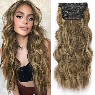 ALXNAN Clip in Long Wavy Synthetic Hair Extension 20 Inch Brown with Highlights 4PCS Thick Hairpieces Fiber Double Weft Hair for Women