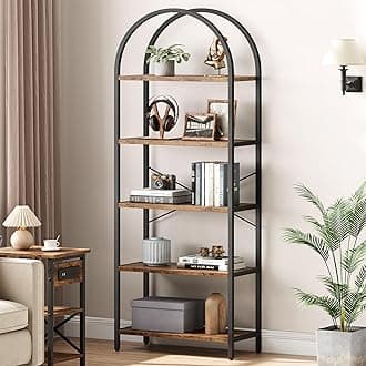 IDEALHOUSE Bookshelf 5 Tier Bookcase Arched Display Racks Tall Standing Bookshelves Metal Frame Modern Storage Rack Shelf Large Wood Book Shelf for Bedroom, Living Room, Home Office (Rustic Brown)