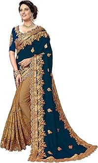 TRENDMALLS Women's Silk Satin Embroidery Saree with Unstitched Blouse (K810-Morpeach), Teal Blue