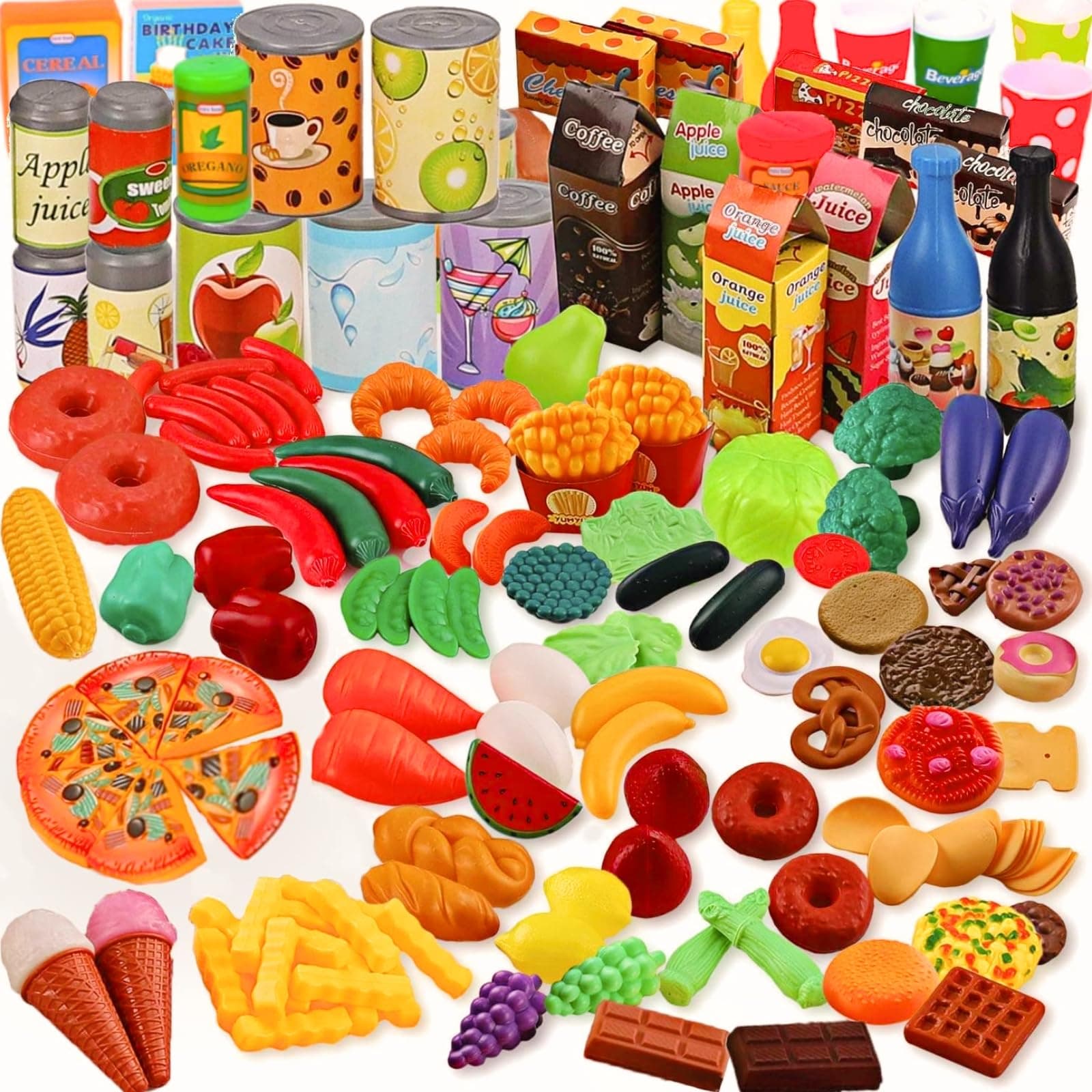 120 Piece Deluxe Pretend Play Food Toy Tasty Treats Plastic Cooking and Grocery Shopping Assortment Set