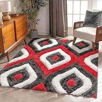Modern Geometric 3D Textured Thick And Soft Shaggy Fur Rectangular Carpet Rugs & Mat (6X9 Feet, Large Size L, Colour - Red Black)