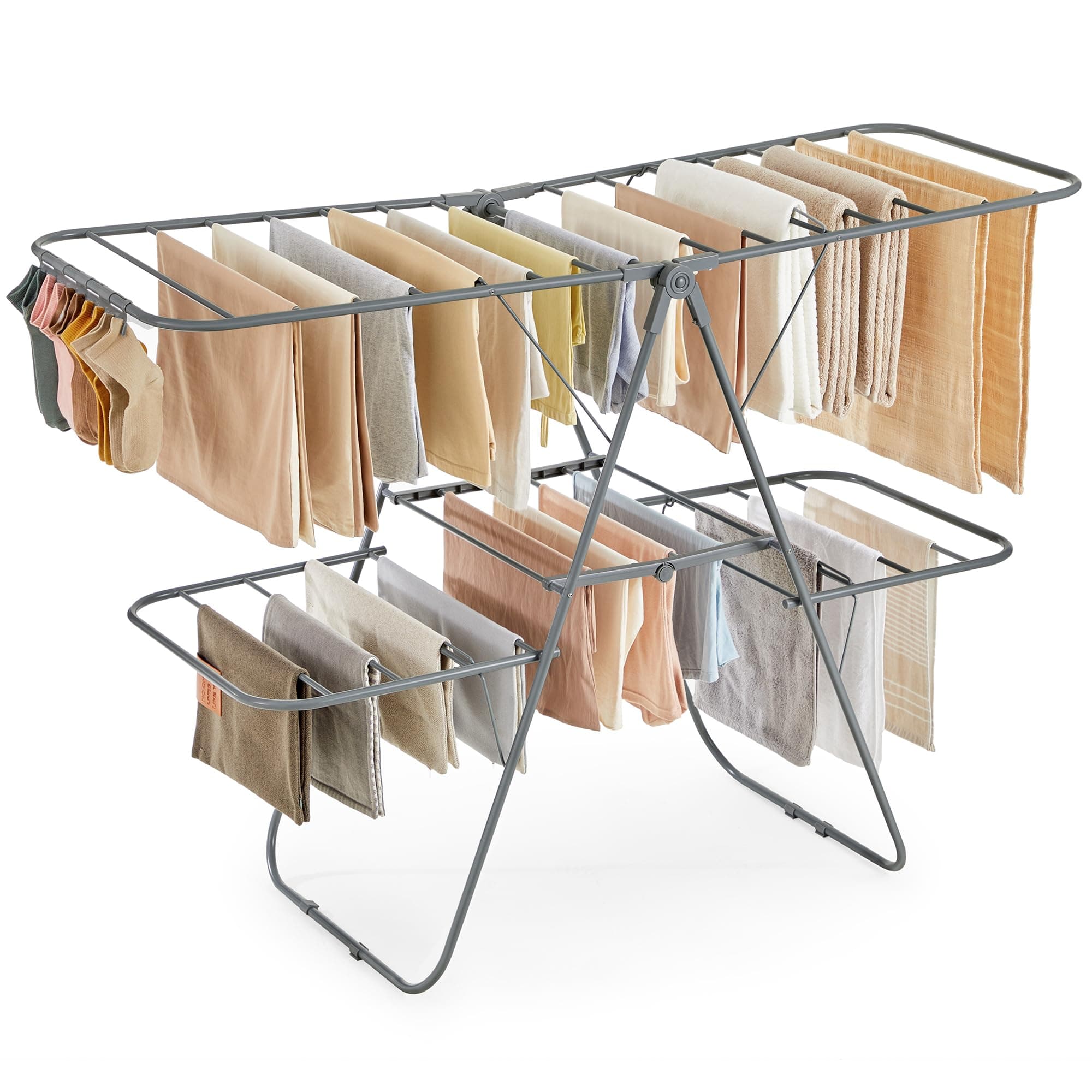 SONGMICS Clothes Drying Rack, Foldable 2-Level Laundry Drying Rack, Free-Standing Laundry Airer, with Height-Adjustable Wings, 33 Drying Rails, Sock Clips, Gray ULLR053G02V1