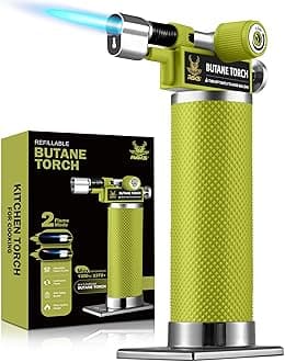 DUAL Flame Mode Butane Torch Lighter, Refillable Kitchen Torch, Metal Body Creme Brulee Torch for Baking, Cooking, Resin Art with Adjustable Flame, Green Soldering Torch, Butane Gas Not Included