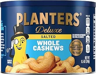 PLANTERS Deluxe Salted Whole Cashews, Party Snacks, Plant-based Protein, 8.5 oz Canister