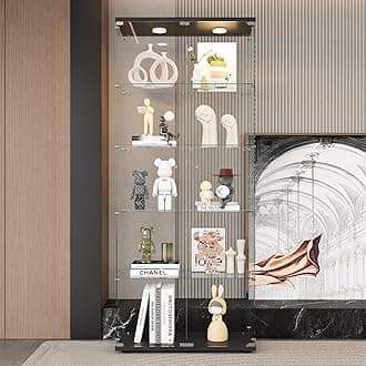 LFT HUIMEI2Y Glass Display Cabinet 5-Shelf with LED Lights and Lock, 2 Door Curio Cabinets Upgraded Quick-Install Style Tempered Glass Floor Standing Bookshelf for Living Room, Bedroom, Kitchen Black