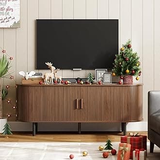 55" TV Stand with Power Outlet for TVs up to 60 Inch, Entertainment Center with Storage and Adjustable Shelves, Modern Media Console with Sliding Doors for Living Room, Walnut