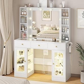 - White Vanity Desk with Mirror and Lights, Glass Top Vanity with Lighted Mirror & RGB Glass Cabinet and 3 Drawers, Makeup Vanity Desk with Lights Dressing Table for Bedroom, 3 Color Modes