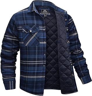 Men's Flannel Shirt Jacket Quilted Lined Plaid Coats Warm Winter Jacket Thick Button Down Coat with 5 Pockets