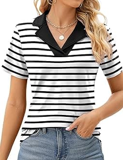Rapbin Women's Polo Shirts Lapel Collar V Neck Short Sleeve Blouse Dressy Casual Tunic Tops