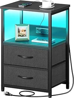 Seventable Nightstand with Charging Station, Bedside Table with LED Lights, Night Stand with 2 Fabric Drawers, 3-Tier Storage End Table for Bedroom, Black