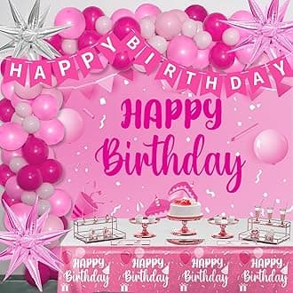 Pink Birthday Decorations for Women Girls, 96PCS Pink Party Decorations Happy Birthday Banner Star Silver Hot Pink Balloons Arch Tablecloth Happy Birthday Backdrop Pink Balloon Garland Party Supplies