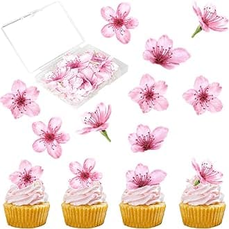 40 Pack Edible Cherry Blossom Cupcake Toppers Cherry Flowers Cake Toppers Rice Paper Wafer Paper Cupcake Picks for Cherry Blossom Baby Shower Kids Birthday Cupcake Decorations