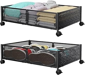 PHINOX Under Bed Storage Containers with Wheels, Under Bed Shoe Storage Organizer Drawer, Tool-free Assembly Metal Storage Containers for Bedroom Clothes Shoes Blankets -2PCK