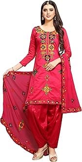 EthnicJunctionWomen's Holi Special Rajasthani Mirror Work Chanderi Embroidery Unstitched Salwar Kameez Dress Material