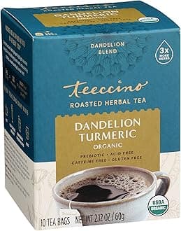 Teeccino Dandelion Turmeric Tea - Caffeine-Free, Organic, Roasted Herbal Tea with Prebiotics, 3x More Herbs than Regular Tea Bags, Gluten Free - 10 Tea Bags