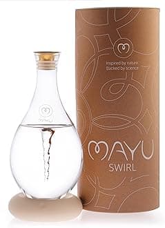MAYU Swirl Structured Water Pitcher - Handblown Glass Carafe 1.5 Liter Design Jug - Dispenser Stand with Innovative Vortex Technology - Great for Reverse Osmosis Filter Users |51 Oz (FLORA TERRA)