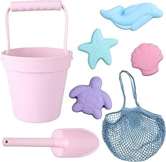 Silicone Beach Toys - Modern Travel Friendly Set | Bucket, Shovel, 4 Sand Molds, Beach Bag | Sand Toys for Toddlers, Kids - Pink