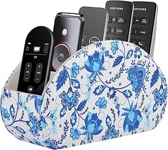 Remote Control Holder,Tv Remote Caddy and Office Storage Organization,Bedside Table Organizer Box with 5 Compartment for Media Controller,Mail, Glasses,Brush,Pencil (blue flower)