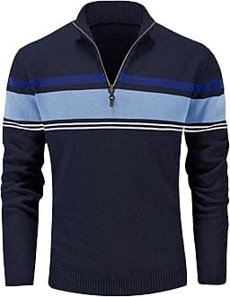 MAGCOMSENMen's Sweaters 1/4 Zip Up Casual Striped Pullover Polo Sweaters Fall Winter Sweatshirts