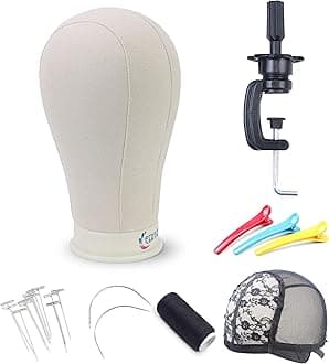 EERYA 24 Inch Wig Head Stand Set for Wig Making Display Styling Training Poly Canvas Block Head with Mount Hole Mannequin Manikin Head Stand(24 Inch)