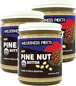 Wilderness Poets, Pine Nut Butter - Organic, Raw, 100% Pine Nuts (8 Ounce - 3 Pack) - No Salt, No Sugar, Creamy - Glass Jars