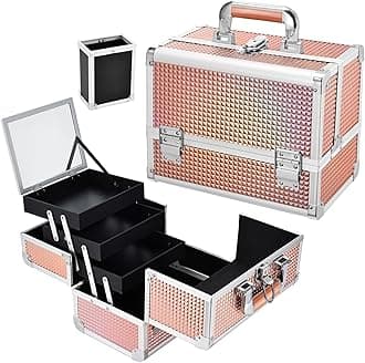Joligrace Dazzle Gold Makeup Train Case, 3-Tier Makeup Box Organizer and Portable Makeup Organizer Box, Hard Makeup Case with Mirror and Lock, Professional Makeup Case for Women