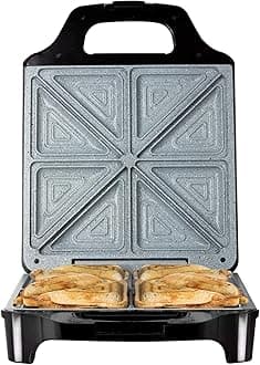 Tower 4 Slice Deep Fill Sandwich Maker with Extra-Deep, Non-Stick Ceramic Coated Plates, Automatic Temperature Control, 1600W, Black, T27021