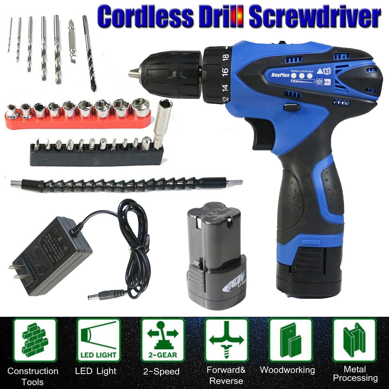 Power Cordless Drill Impact Combi Drill Set with 29pcs Accessories Drill Bit 18+1 Torque Setting, 3/8 Inch Keyless Chuck 2 Variable Speed 1500mAH Li-ion Battery Fast Charger Built-in LED Light