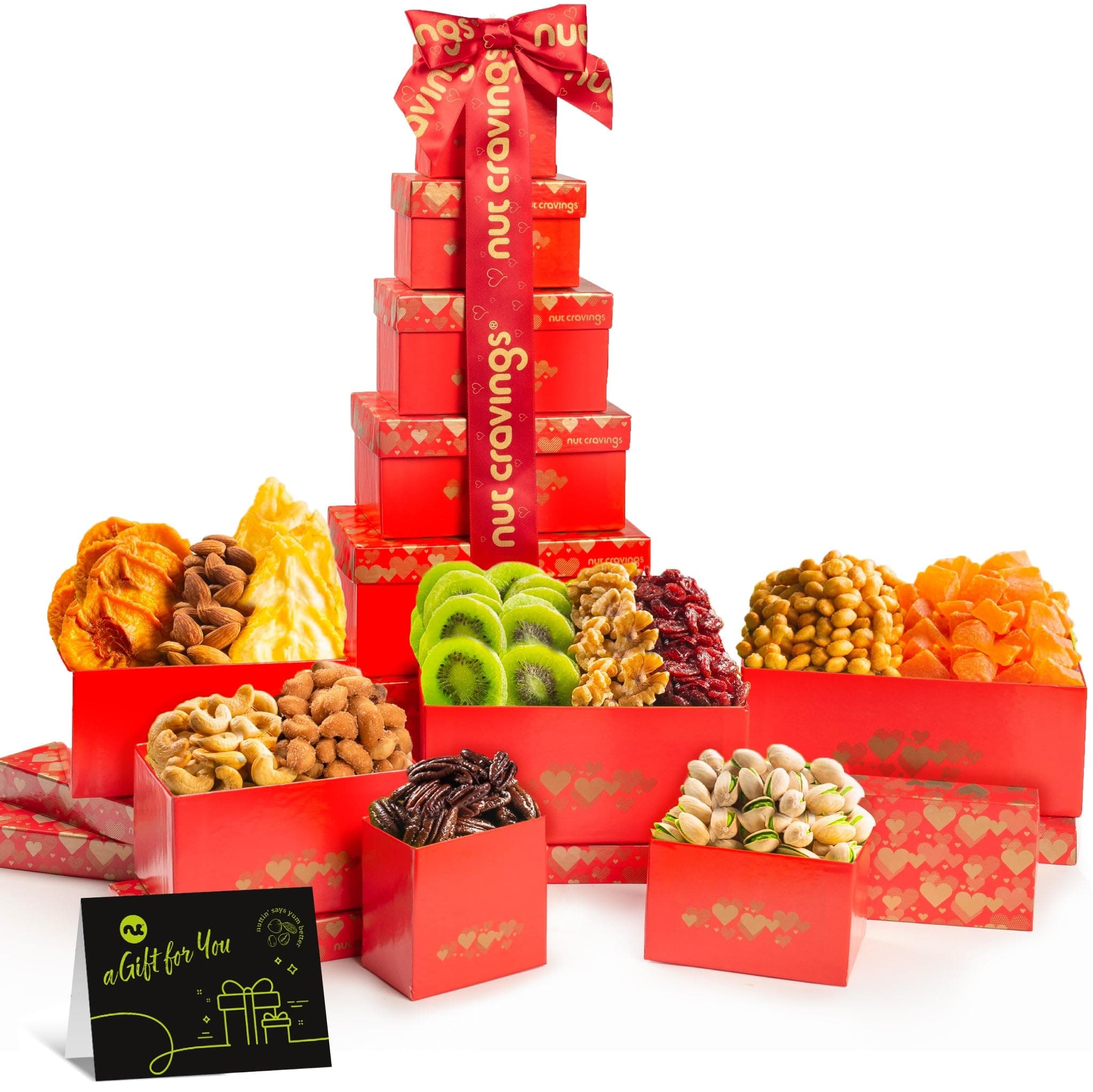 Easter Dried Fruit & Mixed Nuts Gift Basket, Red Tower + Heart Ribbon (12 Assortments) Food Arrangement, Healthy Snack Care Package, Kosher