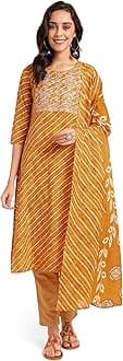 MIRCHI FASHION Women Straight Cotton Leheriya Printed Embroidery Kurti Set with Dupatta and Pant (MK9766 - Mustard, Beige - M)