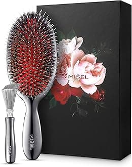MISEL Boar Bristle Hair Brush and Brush Cleaner Bundle for Women and Men | Detangles Thin or Thick Natural Hair and Hair Extensions | Reduces Breakage | Great for Wavy and Straight Hair | Large